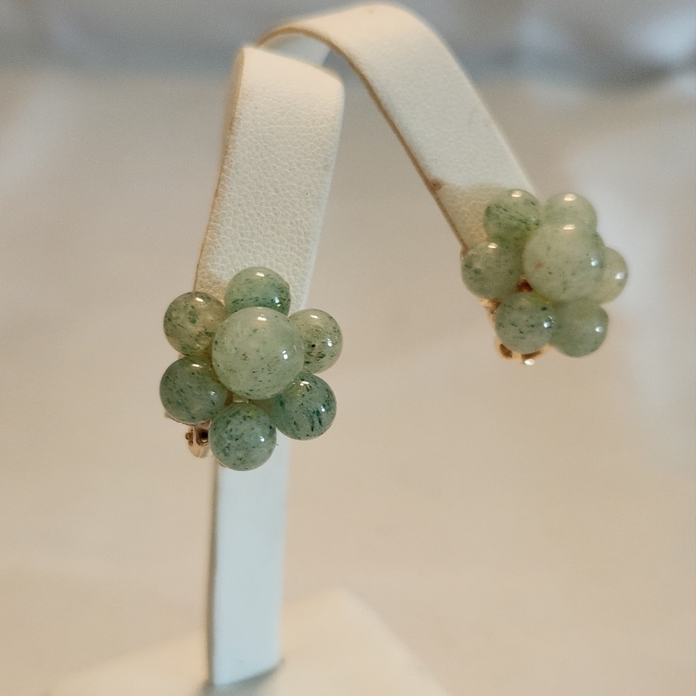 Genuine Light Green Jade And Yellow Gold Clip Earrings